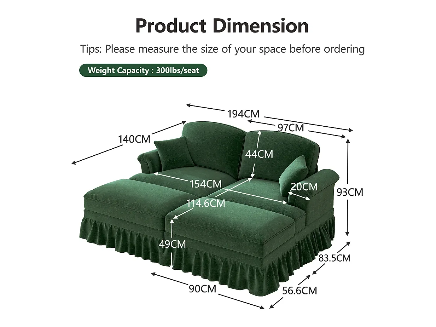 DripeX Sofá chesterfield 2 lugares em felpudo - com 2 puffs e 2 almofadas - saia removível - 194x140x93cm^ Sofá