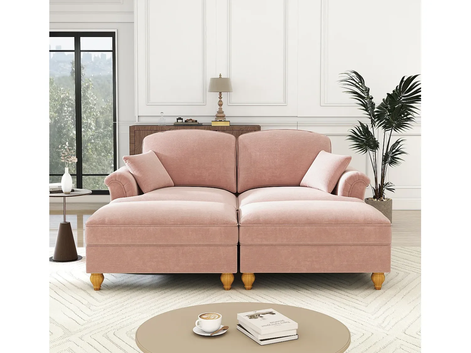 Best DripeX Sofá chesterfield 2 lugares em felpudo - com 2 puffs e 2 almofadas - saia removível - 194x140x93cm Rosa