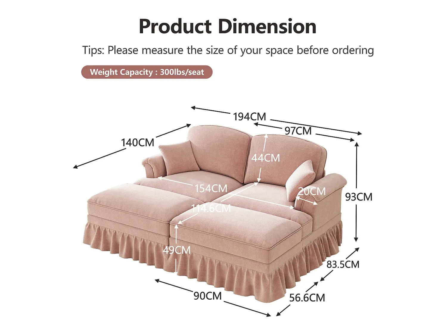 Best DripeX Sofá chesterfield 2 lugares em felpudo - com 2 puffs e 2 almofadas - saia removível - 194x140x93cm Rosa