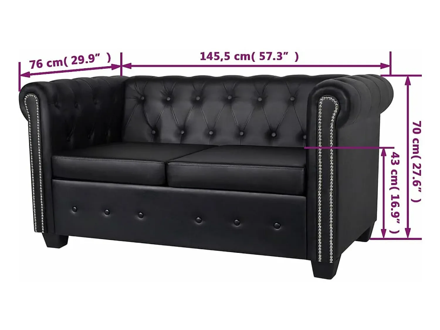 Clearance Helloshop26 Sofá Chesterfield de 2 lugares 145,5 x 76 x 70 cm couro sintético 02_0019571 Preto