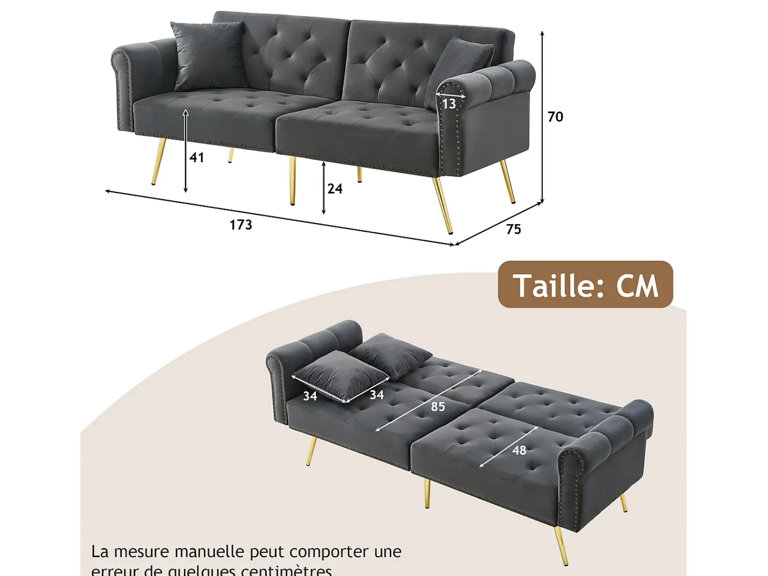 Clearance Sofá Cinza de 2 Lugares - Sofá com Encosto e Braços Ajustáveis - 6 Pernas em Metal - para Sala de Estar e Quarto Cinzento