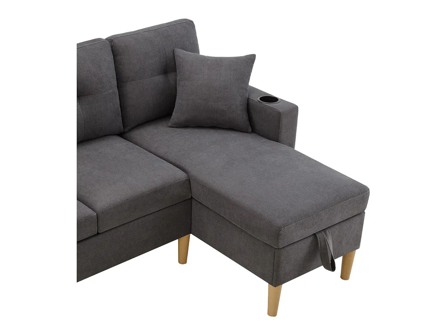 Outlet Sofá cinza escuro de 3 lugares - Sofá de canto com 2 almofadas e suporte para copos - bolsos laterais e arrumação - algodão e linho Cinzento