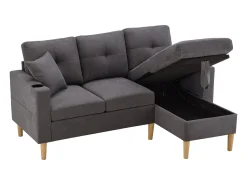Outlet Sofá cinza escuro de 3 lugares - Sofá de canto com 2 almofadas e suporte para copos - bolsos laterais e arrumação - algodão e linho Cinzento