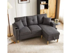 Outlet Sofá cinza escuro de 3 lugares - Sofá de canto com 2 almofadas e suporte para copos - bolsos laterais e arrumação - algodão e linho Cinzento