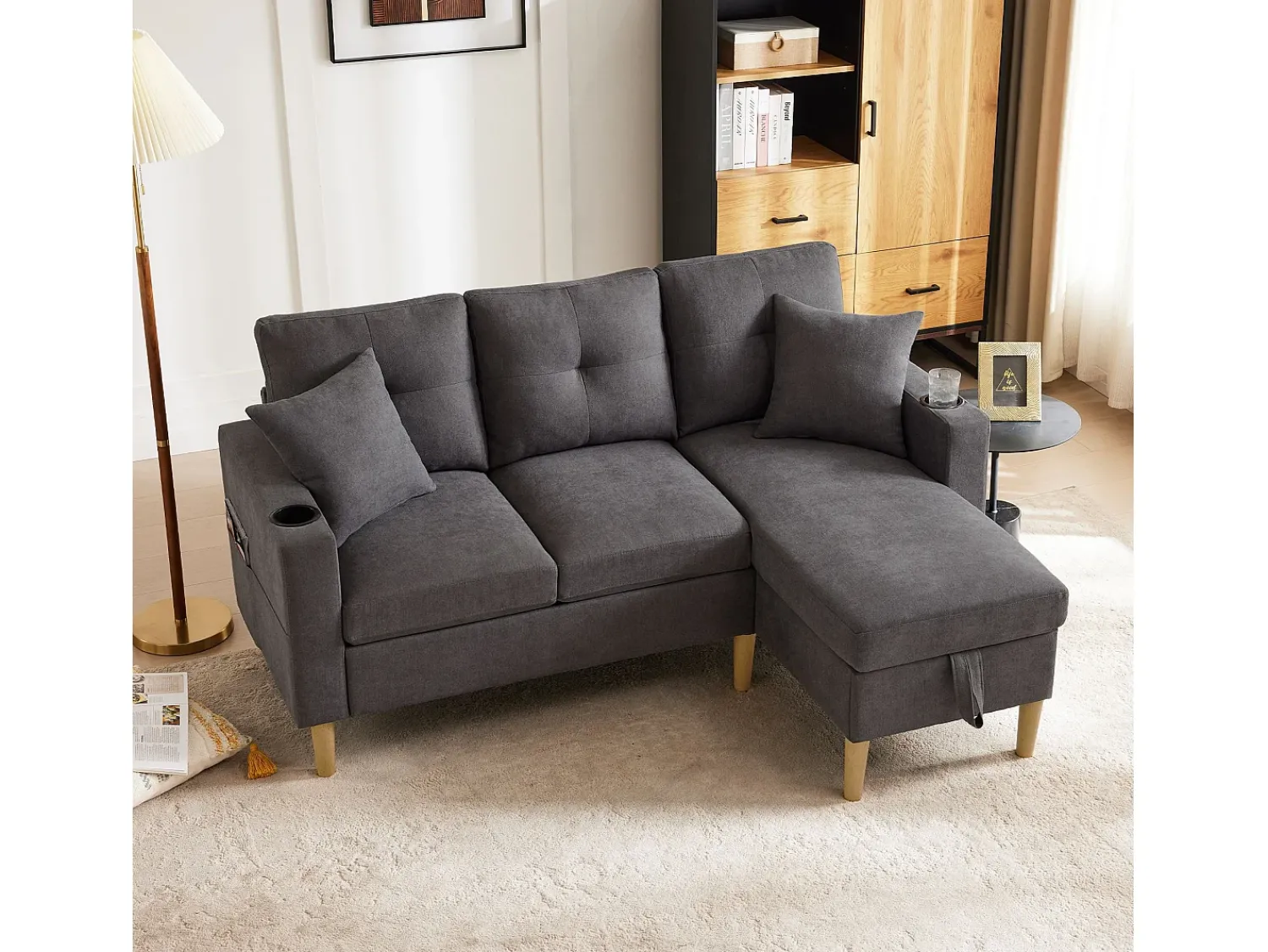 Outlet Sofá cinza escuro de 3 lugares - Sofá de canto com 2 almofadas e suporte para copos - bolsos laterais e arrumação - algodão e linho Cinzento