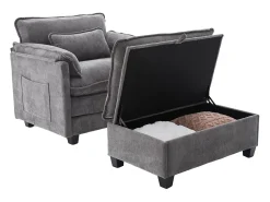 Sofá| Sofá com bolsos laterais e apoio para os pés - Chenille - para sala de estar e quarto Cinzento
