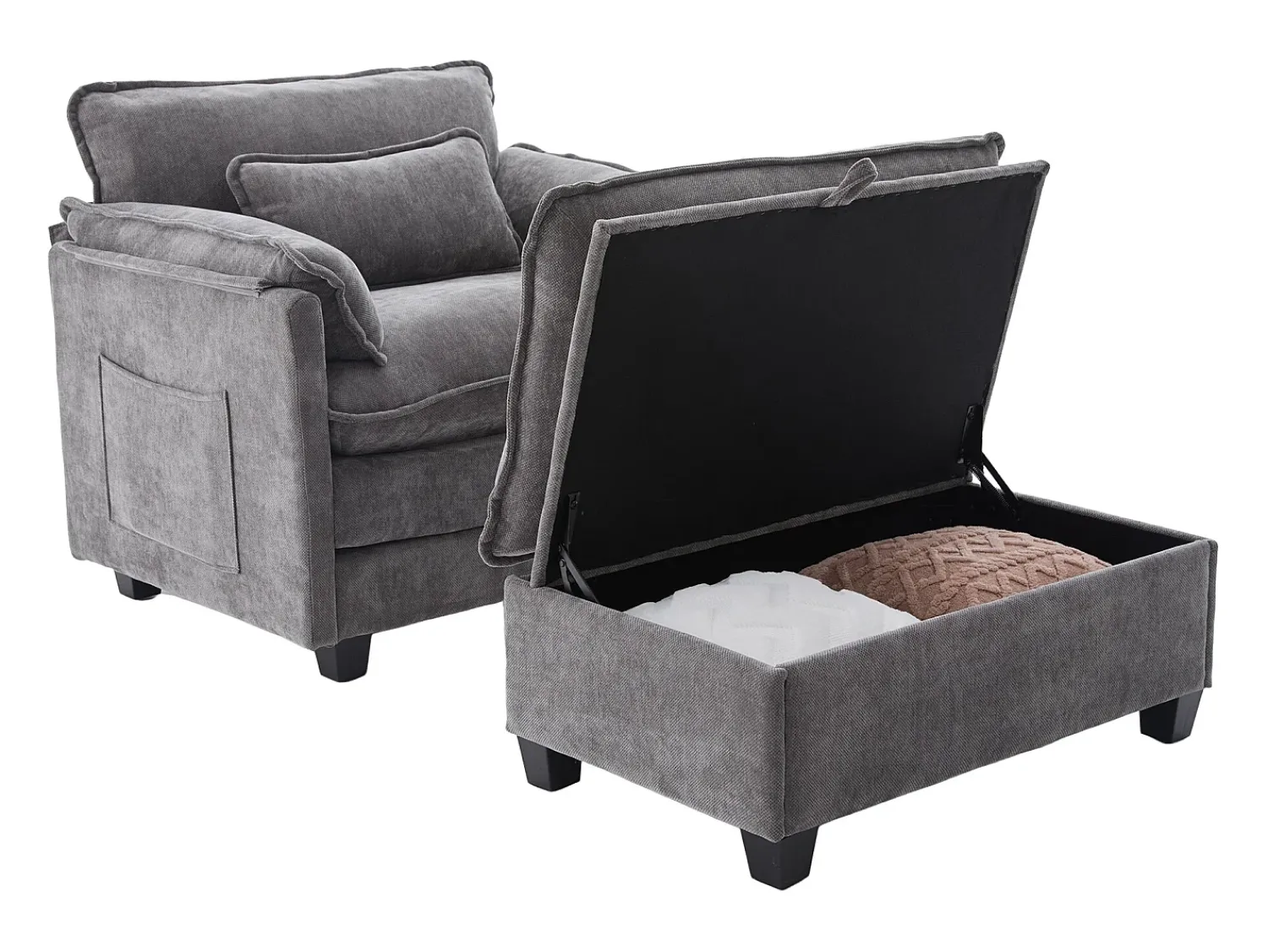 Sofá| Sofá com bolsos laterais e apoio para os pés - Chenille - para sala de estar e quarto Cinzento