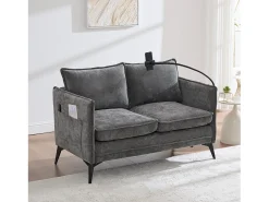 Sofá| Sofá de 2 lugares - com compartimentos laterais para arrumação e suporte para telemóvel - chenille - para sala de estar e quarto Cinzento