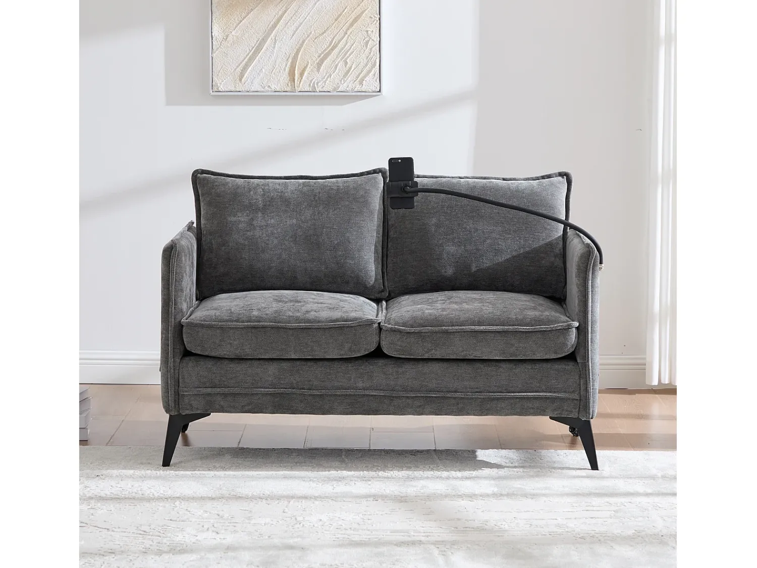 Sofá| Sofá de 2 lugares - com compartimentos laterais para arrumação e suporte para telemóvel - chenille - para sala de estar e quarto Cinzento