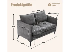 Sofá| Sofá de 2 lugares - com compartimentos laterais para arrumação e suporte para telemóvel - chenille - para sala de estar e quarto Cinzento