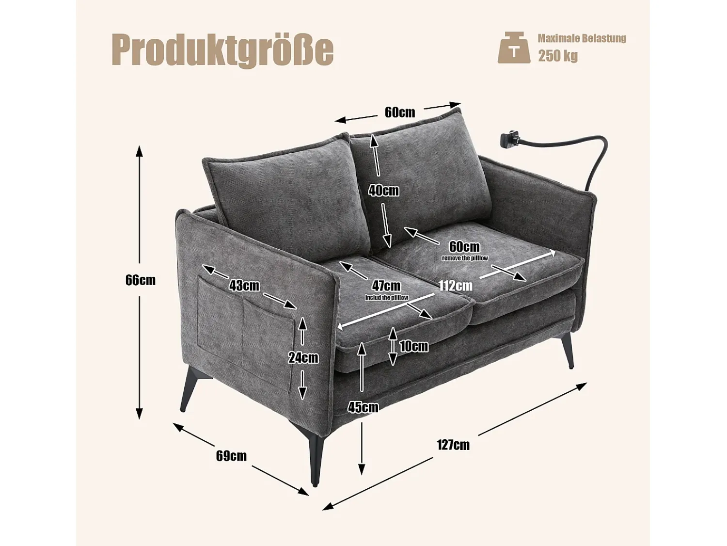 Sofá| Sofá de 2 lugares - com compartimentos laterais para arrumação e suporte para telemóvel - chenille - para sala de estar e quarto Cinzento