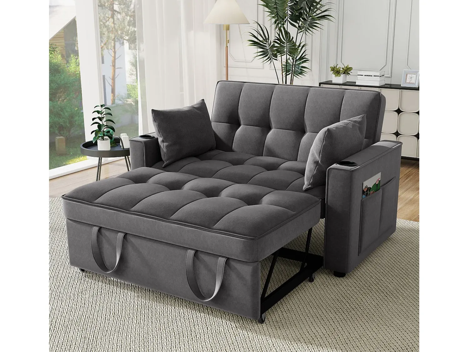 Sofá de 2 lugares - Sofá-cama com suporte para copos e bolso - almofadas e rodízios^ Sofá