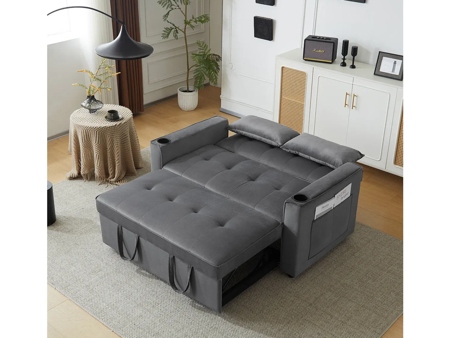 Sofá de 2 lugares - Sofá-cama com suporte para copos e bolso - almofadas e rodízios^ Sofá