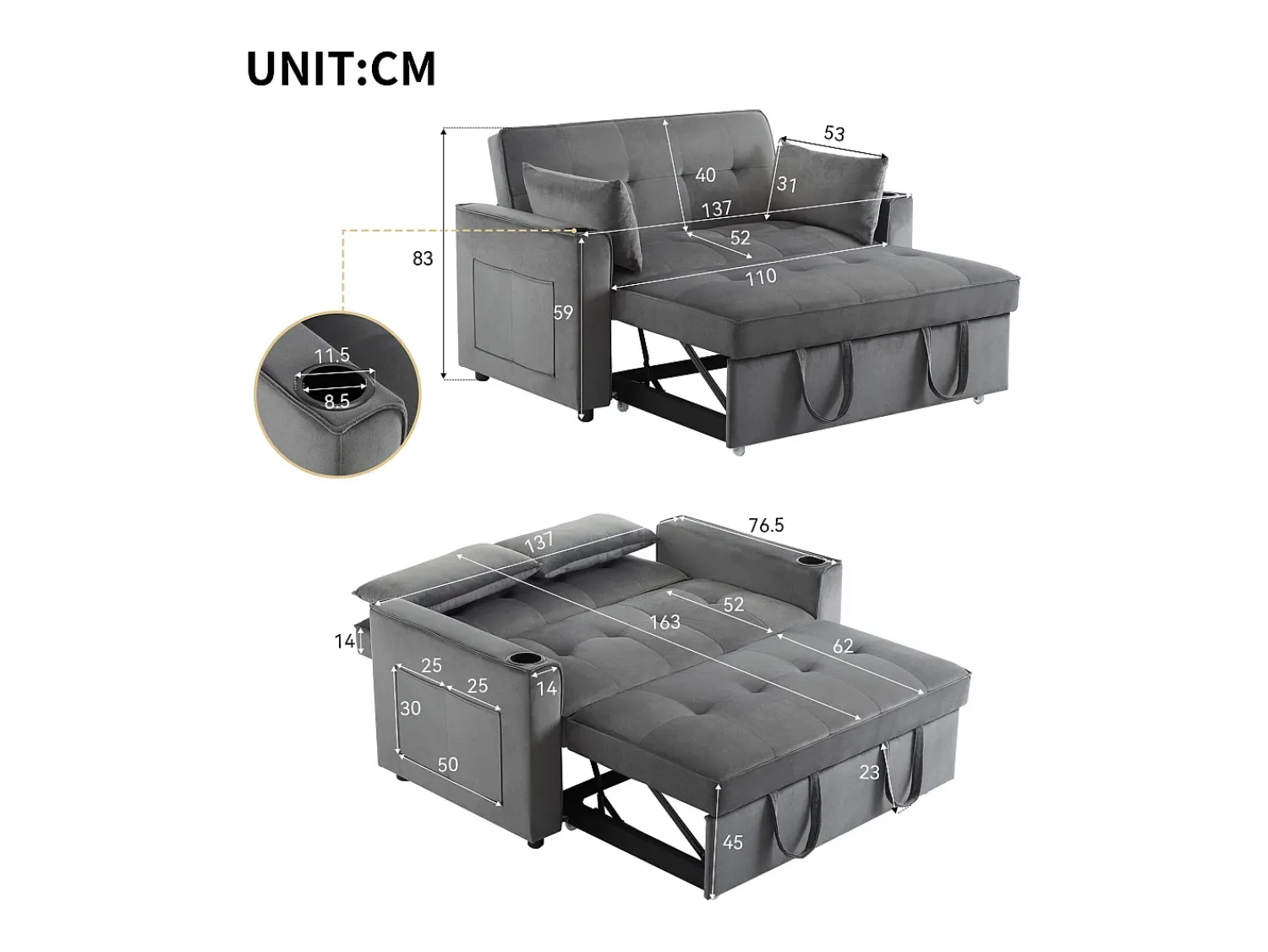 Sofá de 2 lugares - Sofá-cama com suporte para copos e bolso - almofadas e rodízios^ Sofá