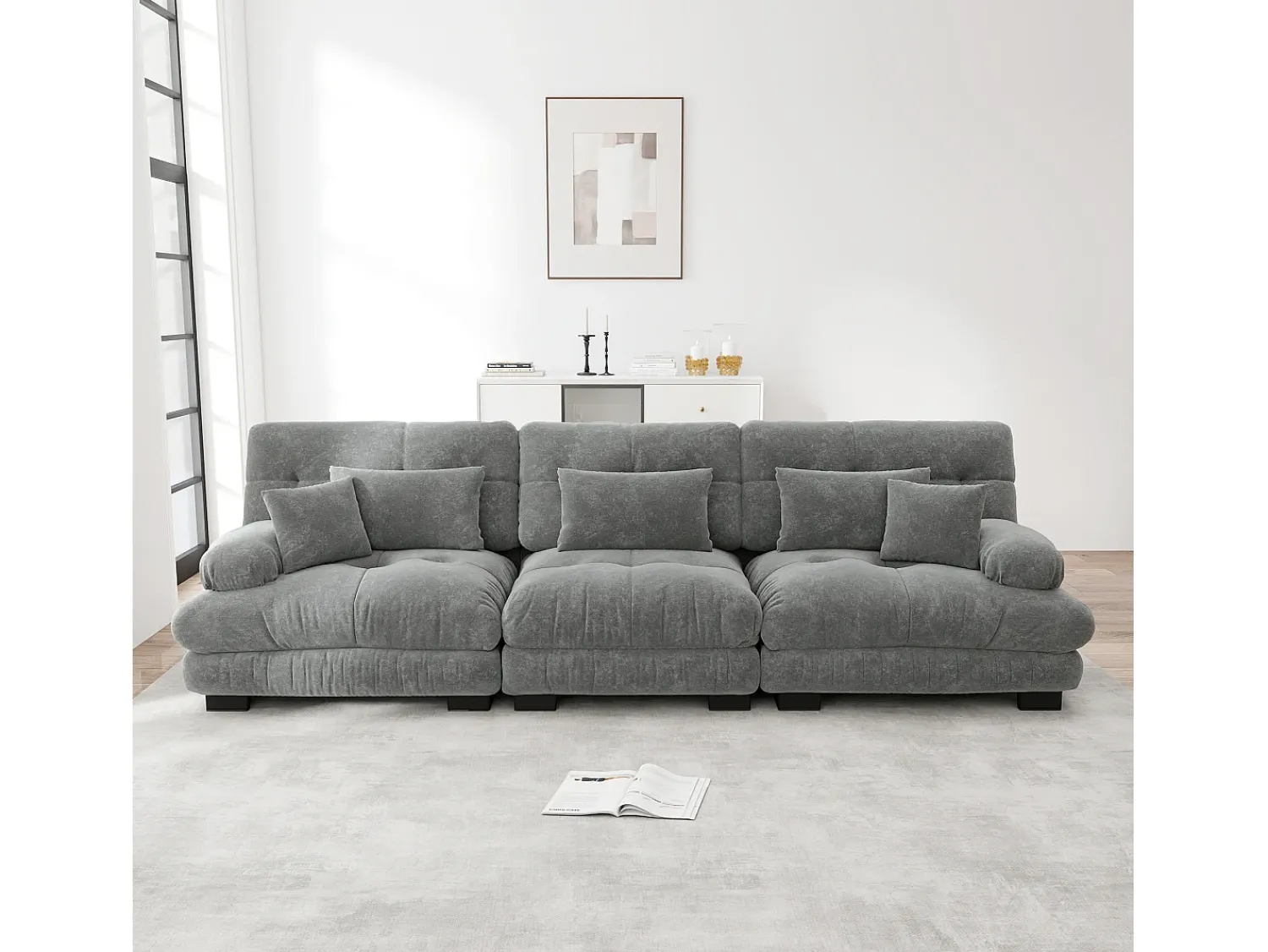 Sofá de 3 lugares - Sofá reto com 3 almofadas lombares e 3 almofadas decorativas - chenille^ Sofá
