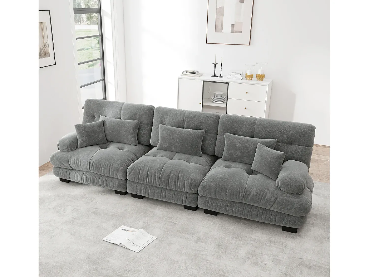Sofá de 3 lugares - Sofá reto com 3 almofadas lombares e 3 almofadas decorativas - chenille^ Sofá