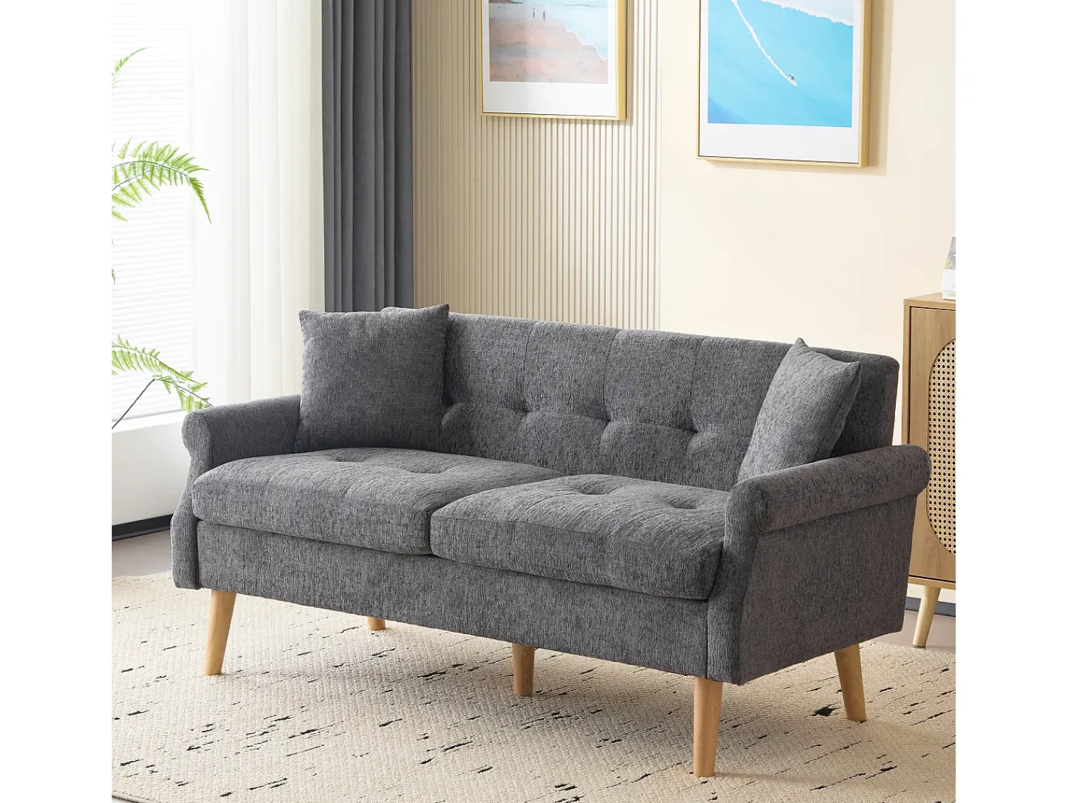 Sofá|Hauss Spole Sofá de 2 lugares, tecido chenille, pernas em madeira, 162x74x77cm Cinzento