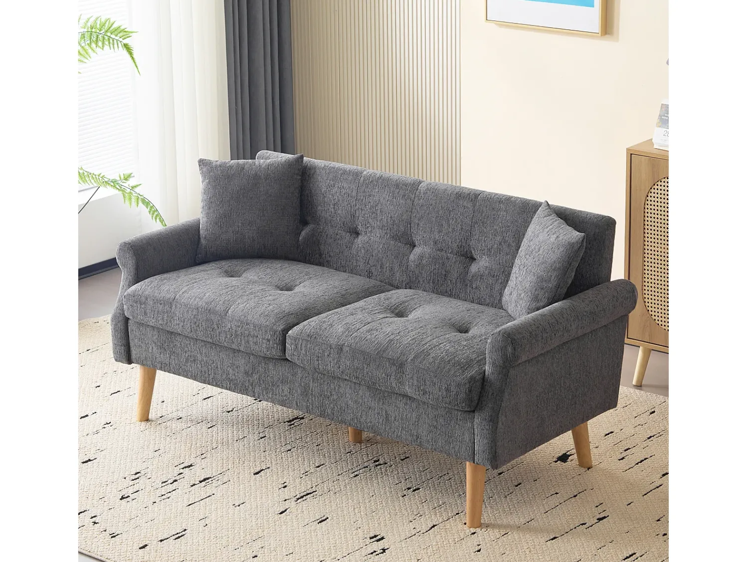 Sofá|Hauss Spole Sofá de 2 lugares, tecido chenille, pernas em madeira, 162x74x77cm Cinzento
