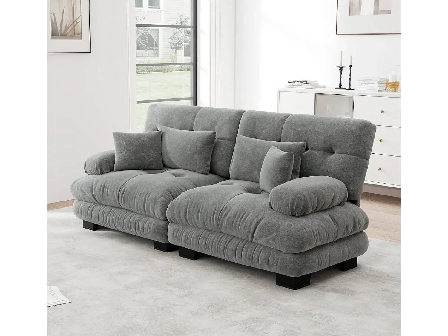 Sofá* Sofá de 2 lugares - Sofá reto com 2 almofadas lombares e 2 almofadas decorativas - chenille Cinzento