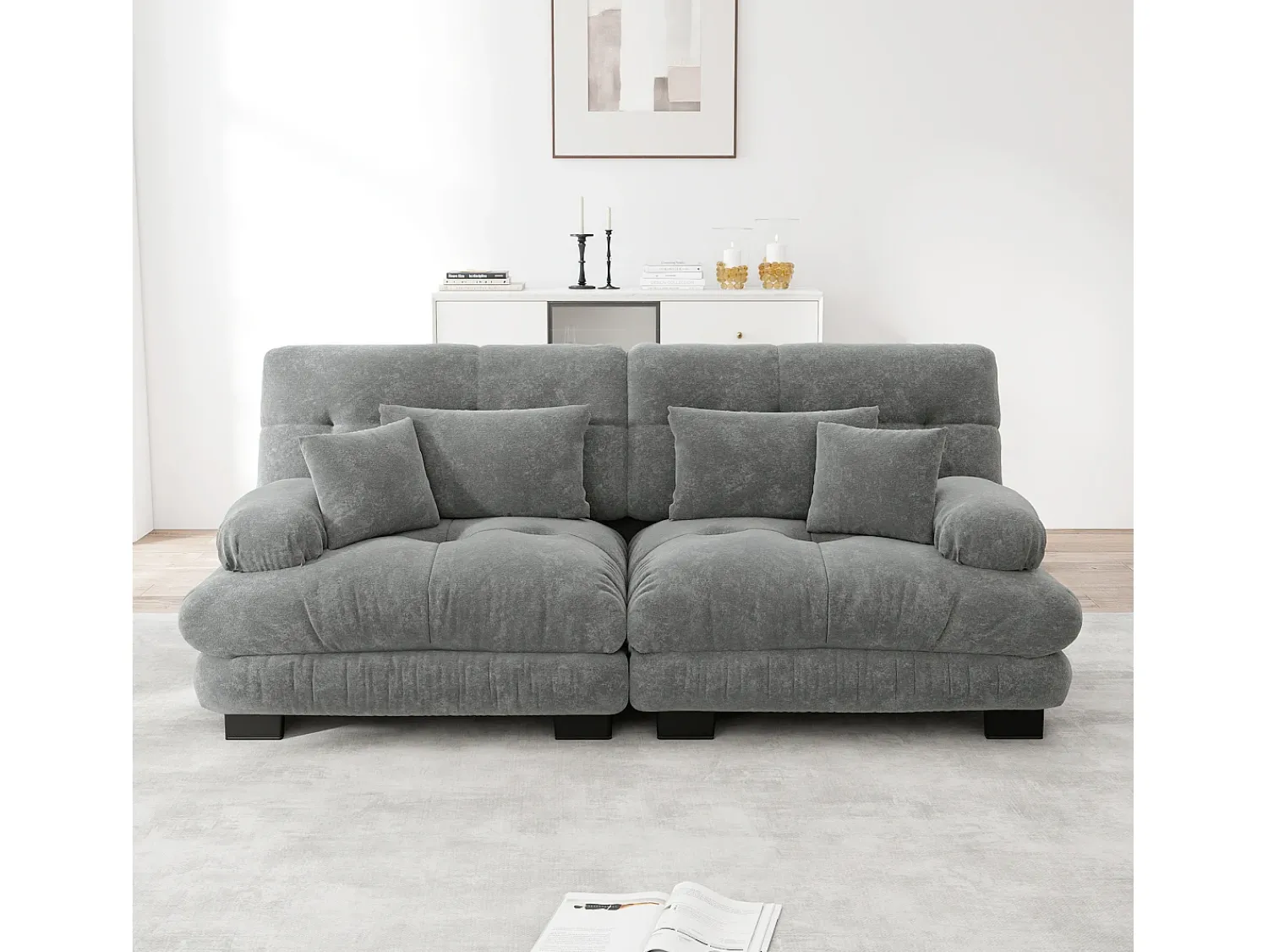 Sofá* Sofá de 2 lugares - Sofá reto com 2 almofadas lombares e 2 almofadas decorativas - chenille Cinzento