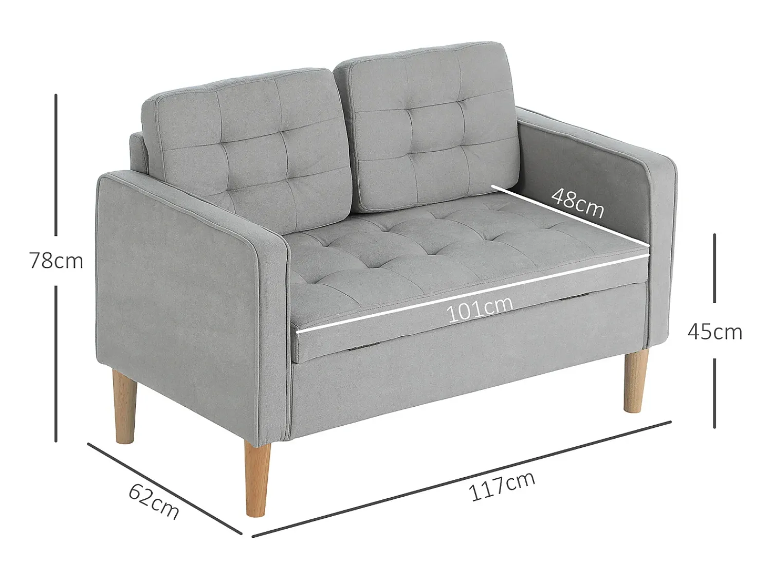 Sofá* Sofá cinzento de 2 lugares - Sofá com compartimentos e almofadas - para sala e quarto Cinzento claro