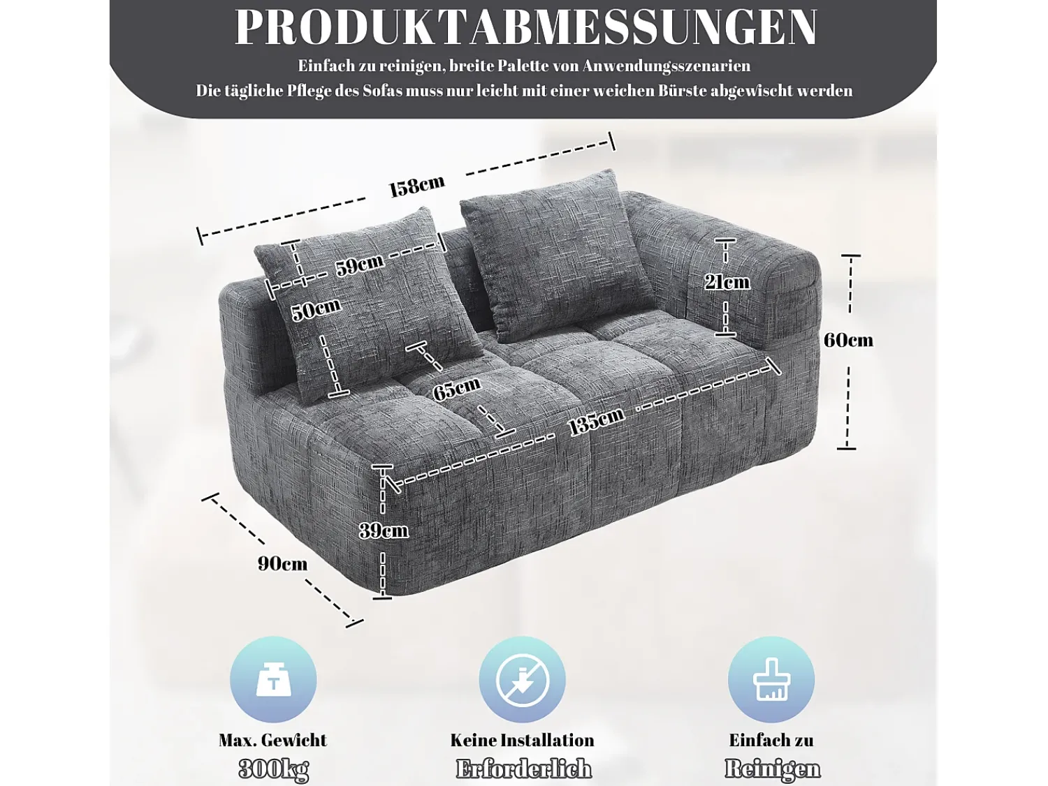 Best Sofá de 2 lugares - Sofá reto com almofadas e compartimentos de arrumação - chenille - padrão neve Cinzento