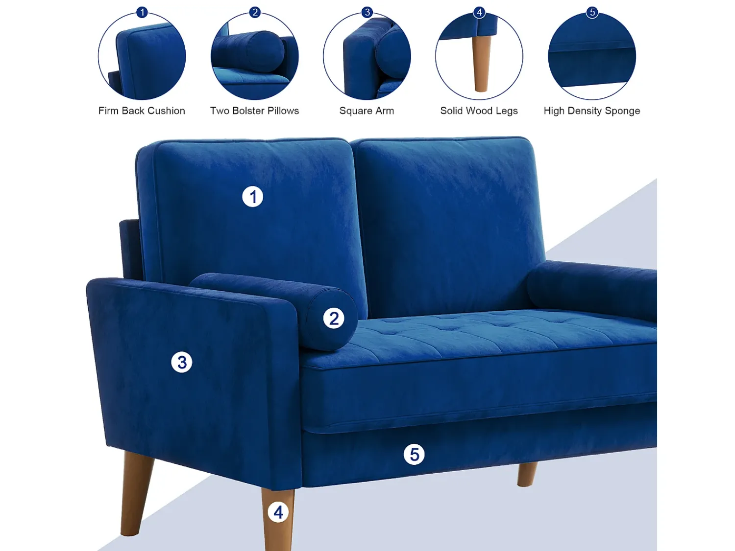 Sofá*DripeX Sofá com 2 assentos escandinavos, mini sofá de poltrona em Velvet Adeset, poltrona da sala com apoios de braços, 121x77x87cm - Azul