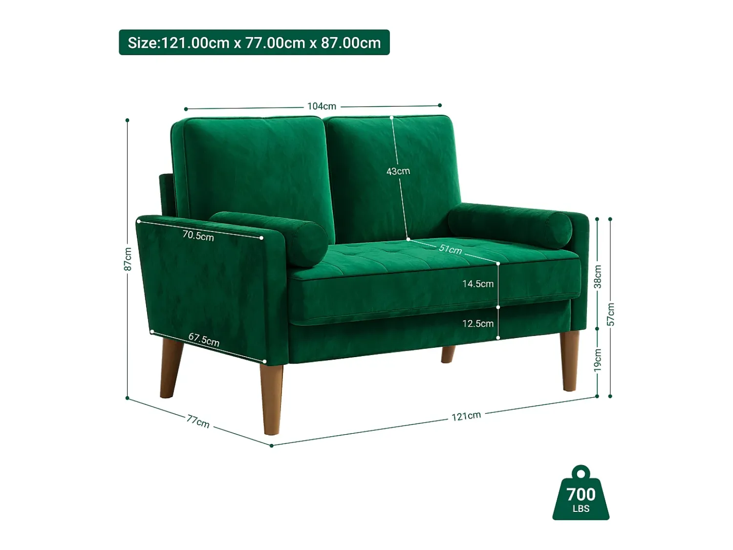Sofá*DripeX Sofá com 2 assentos escandinavos, mini sofá de braço laminado em Veludo de Adeset, Bolchair da Sala de Livro com Afrestos de Braço, 121x77x87cm - Verde