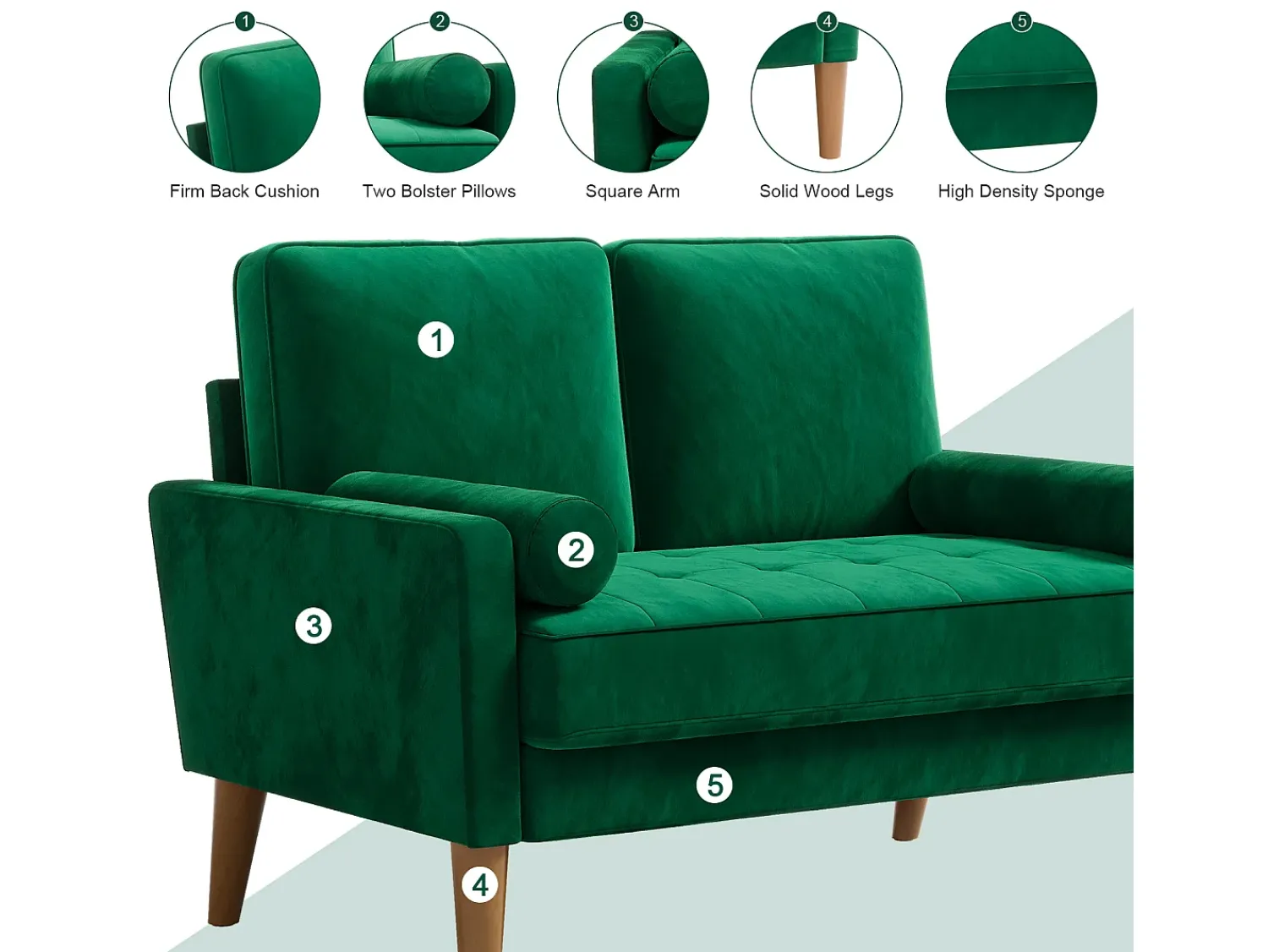 Sofá*DripeX Sofá com 2 assentos escandinavos, mini sofá de braço laminado em Veludo de Adeset, Bolchair da Sala de Livro com Afrestos de Braço, 121x77x87cm - Verde