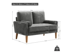 Outlet DripeX Sofá com 2 lugares escandinavos de 2 lugares, mini sofá de braço laminado em Velvet Adeset, poltrona da sala com apoios de braços, 121x77x87cm - cinza Cinzento