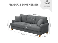 Sale DripeX Sofá com conforto de 3 -sete, tecido de lagarta, com apoios de braços, almofadas e 2 travesseiros, carga máxima 365 kg - 220x76x86 cm Cinzento
