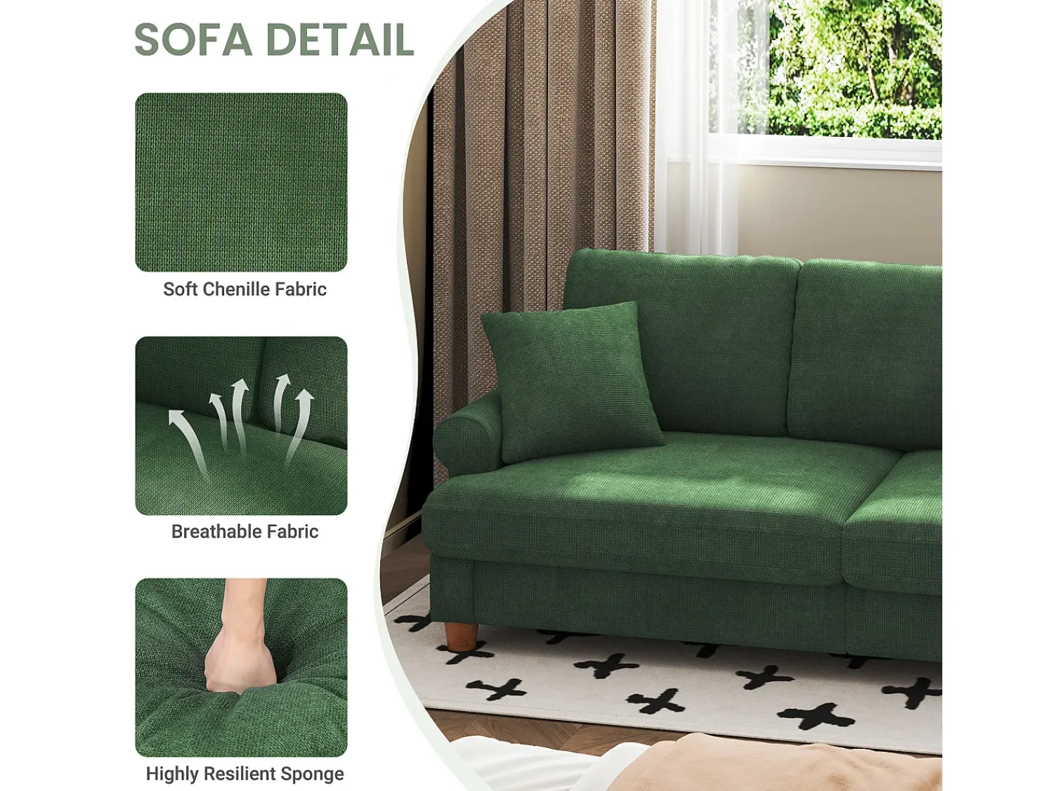 Sofá*DripeX Sofá com conforto de 3 -sete, tecido de lagarta, com apoios de braços, almofadas e 2 travesseiros, carga máxima 365 kg - 220x76x86 cm Verde