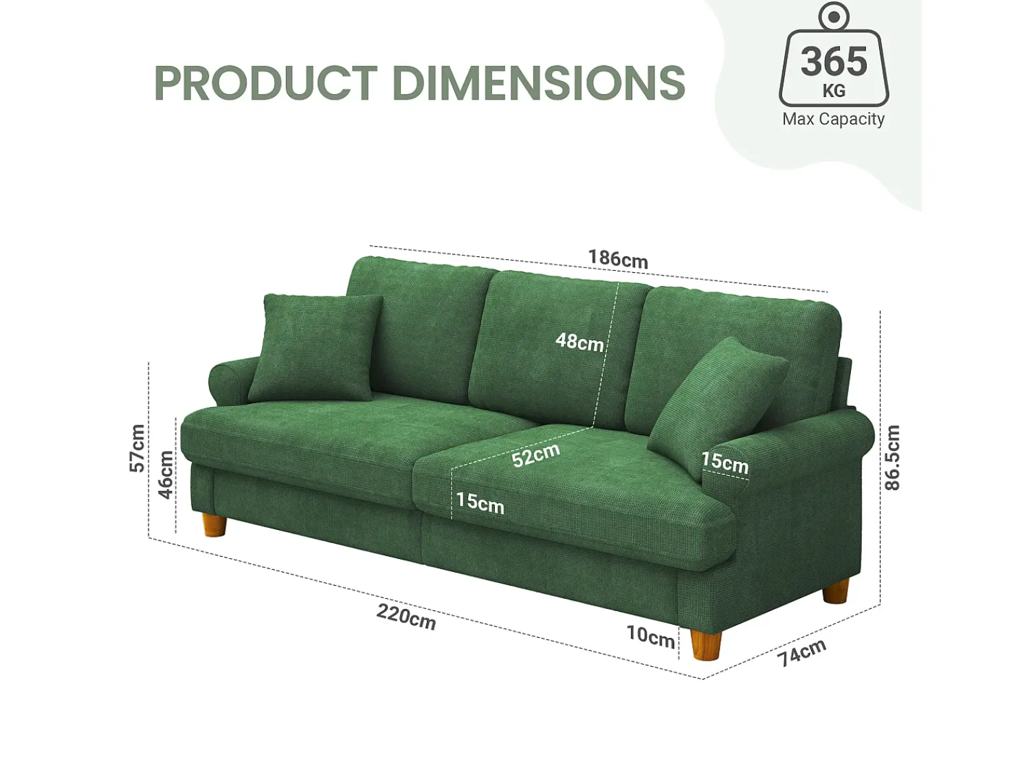 Sofá*DripeX Sofá com conforto de 3 -sete, tecido de lagarta, com apoios de braços, almofadas e 2 travesseiros, carga máxima 365 kg - 220x76x86 cm Verde