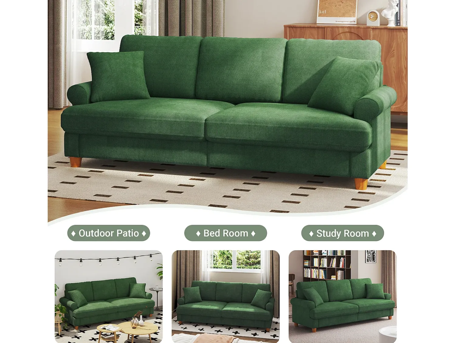 Sofá*DripeX Sofá com conforto de 3 -sete, tecido de lagarta, com apoios de braços, almofadas e 2 travesseiros, carga máxima 365 kg - 220x76x86 cm Verde