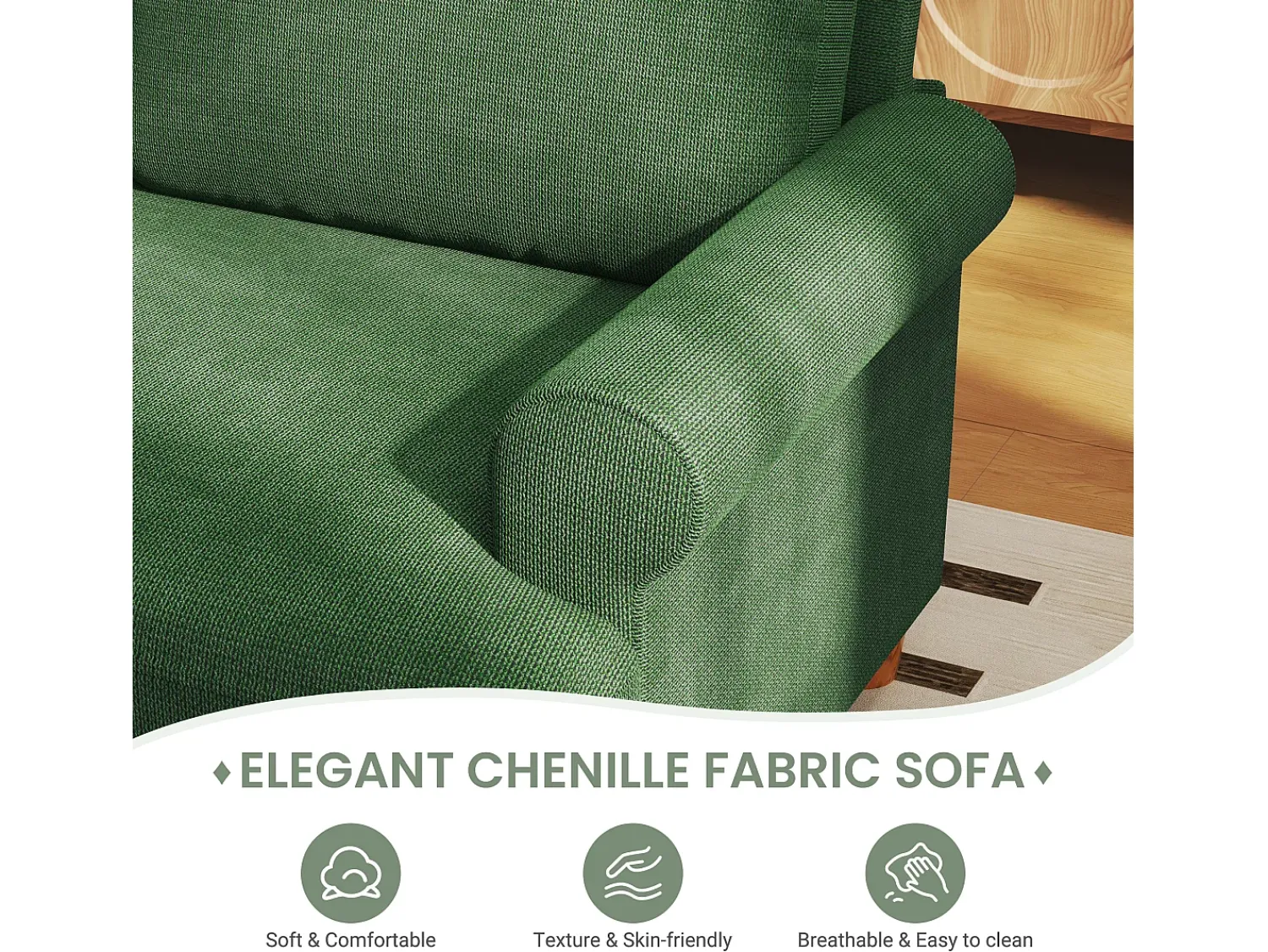 Sofá*DripeX Sofá com conforto de 3 -sete, tecido de lagarta, com apoios de braços, almofadas e 2 travesseiros, carga máxima 365 kg - 220x76x86 cm Verde