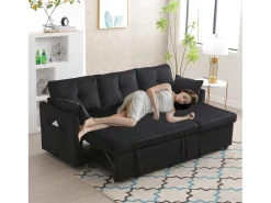 Sofá*Merax Sofá conversível de 3 lugares - 206 x 130 x 88 cm - sofá modular - com armazenamento - veludo - Preto