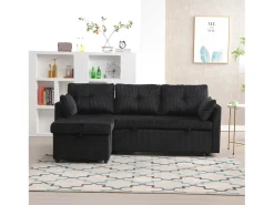 Sofá*Merax Sofá conversível de 3 lugares - 206 x 130 x 88 cm - sofá modular - com armazenamento - veludo - Preto