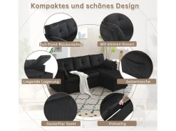 Sofá*Merax Sofá conversível de 3 lugares - 206 x 130 x 88 cm - sofá modular - com armazenamento - veludo - Preto