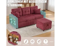 Sofá|Merax Sofá conversível de 3 lugares - com espaço de armazenamento e cama retrátil + USB + LEDs + porta-copos - veludo - Vermelho