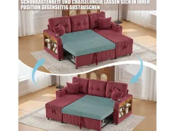 Sofá|Merax Sofá conversível de 3 lugares - com espaço de armazenamento e cama retrátil + USB + LEDs + porta-copos - veludo - Vermelho