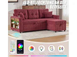 Sofá|Merax Sofá conversível de 3 lugares - com espaço de armazenamento e cama retrátil + USB + LEDs + porta-copos - veludo - Vermelho