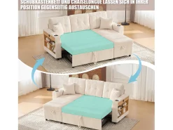 Sofá*Merax Sofá conversível de 3 lugares - com espaço de armazenamento e cama retrátil + USB + LEDs + porta-copos - veludo - Bege