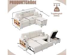 Sofá*Merax Sofá conversível de 3 lugares - com espaço de armazenamento e cama retrátil + USB + LEDs + porta-copos - veludo - Bege