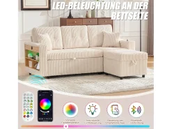 Sofá*Merax Sofá conversível de 3 lugares - com espaço de armazenamento e cama retrátil + USB + LEDs + porta-copos - veludo - Bege
