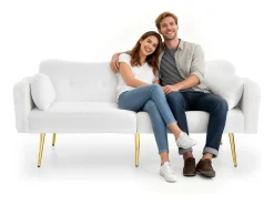 Merax Sofá conversível de 2 lugares - 175 x 79 x 82 cm - com encosto ajustável - pés de metal dourado - veludo -^ Sofá