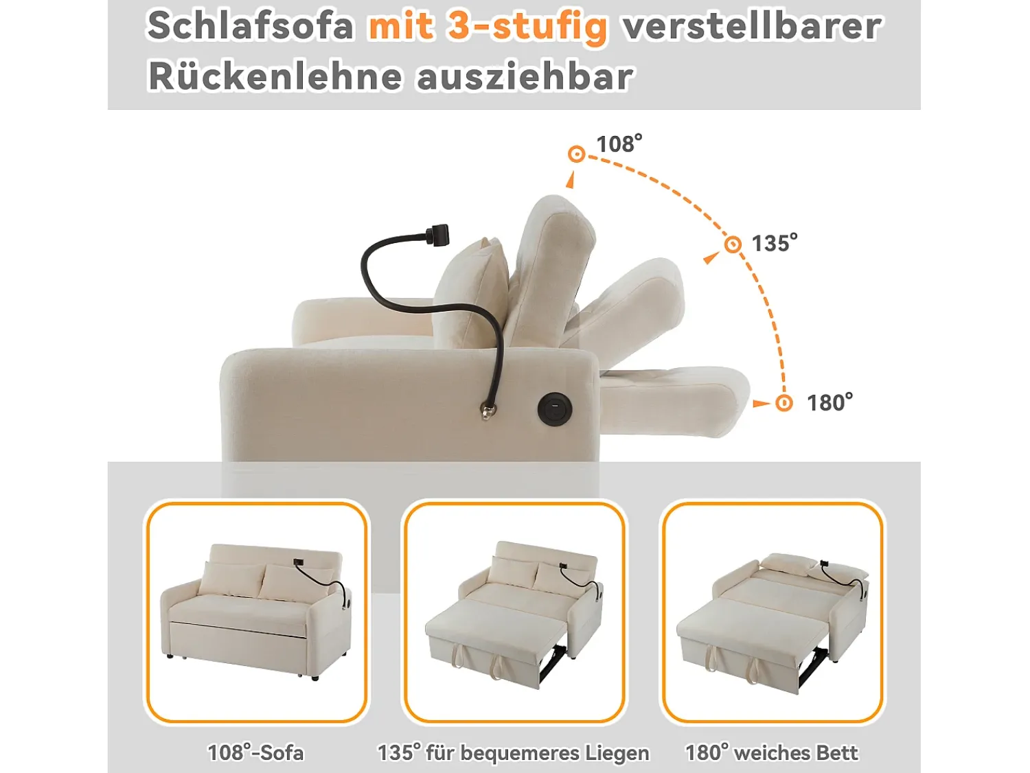 Clearance Merax Sofá conversível de 2 lugares com encosto ajustável - Suporte e tomada USB - Tecido Chenille - Função dormir - Bege