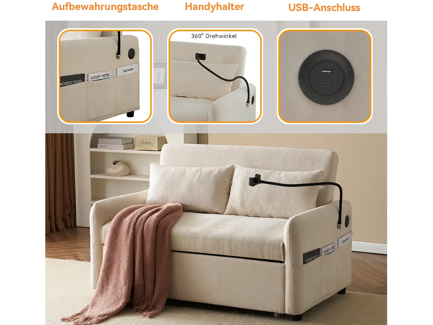Clearance Merax Sofá conversível de 2 lugares com encosto ajustável - Suporte e tomada USB - Tecido Chenille - Função dormir - Bege