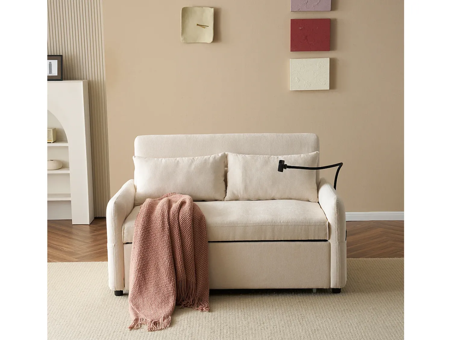 Clearance Merax Sofá conversível de 2 lugares com encosto ajustável - Suporte e tomada USB - Tecido Chenille - Função dormir - Bege