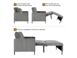 DripeX Sofá conversível de 2 lugares Clique clique, veludo cinza com nervuras, sono de 170 cm, colchão de 10 cm, para estúdio/sala de estar/quarto^ Sofá