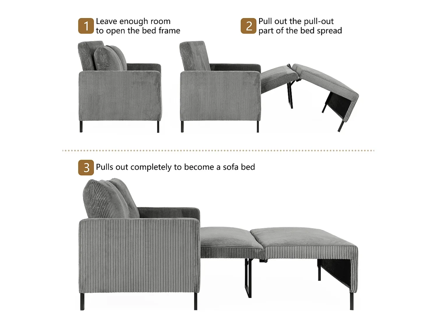 DripeX Sofá conversível de 2 lugares Clique clique, veludo cinza com nervuras, sono de 170 cm, colchão de 10 cm, para estúdio/sala de estar/quarto^ Sofá